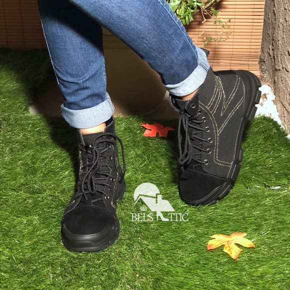 Black Vegan Suede Cap Toe Sneaker Combat Bootie - Picture 6 of 6